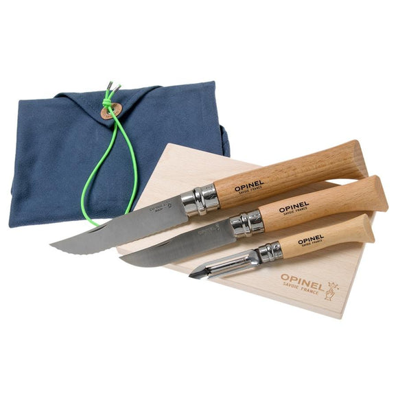 Opinel Nomad Camping Kitchen Utensil Kit, Includes No.12 Serrated Knife,  No. 10 Corkscrew Knife, No. 6 Peeler, Cutting Board